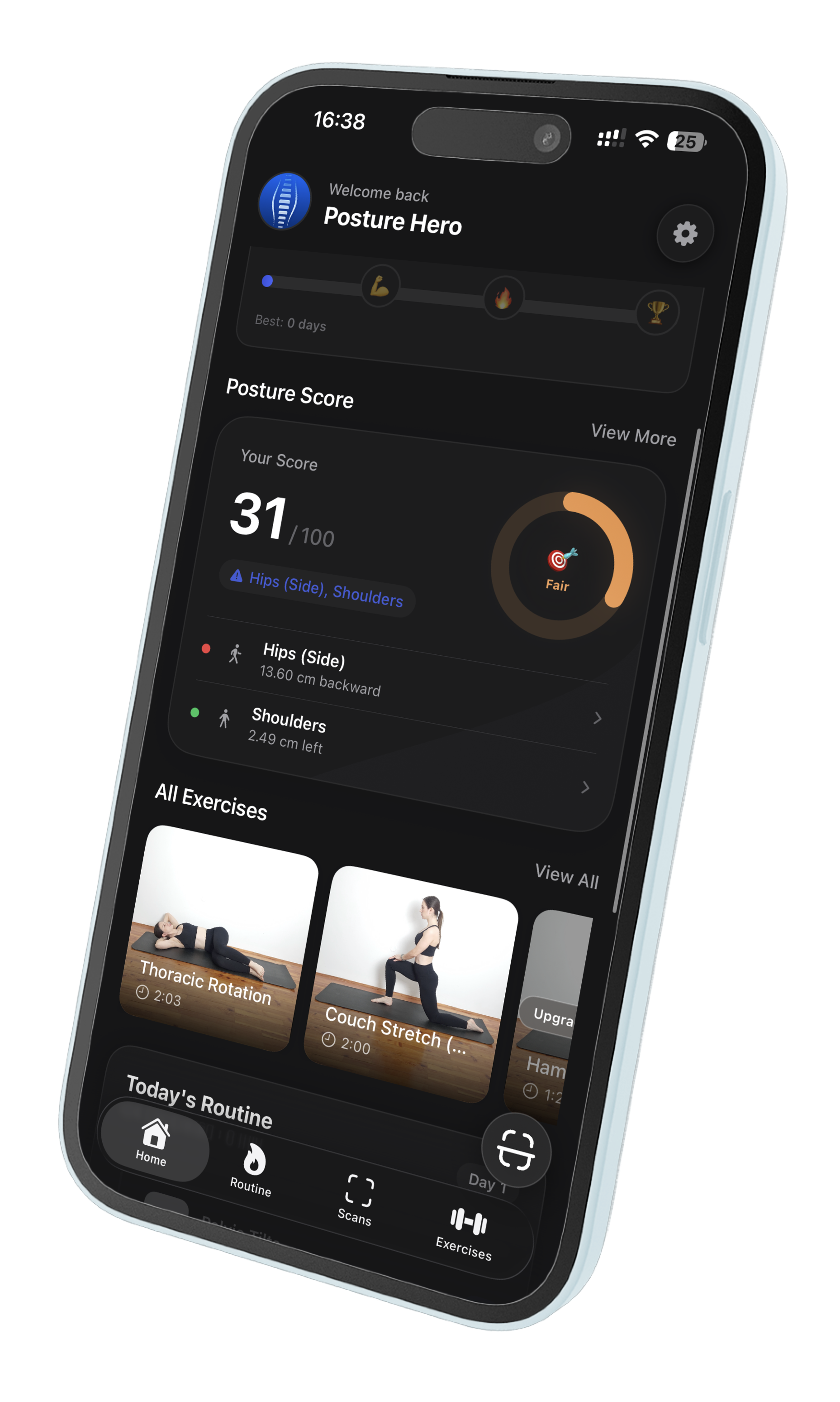 Posturia app showing posture score and analysis